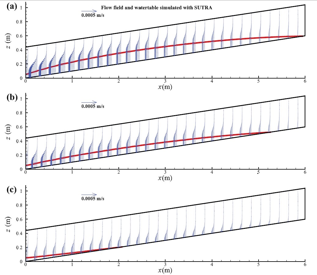 图3排水不同阶段边坡内的流态特征(红色为潜水面,蓝色为流矢)